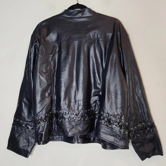 Kate & Mallory Vegan Leather Navy Blue fringe  lace up zip jacket. Women's 3X - Picture 12 of 16